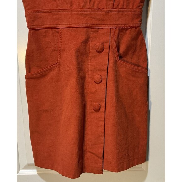 NWT Ananda Women’s Small Corduroy Sleeveless Dress Stretch Pocket Button Orange - Picture 3 of 6